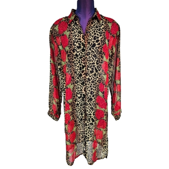 Revue Cheetah & Rose‎ Print Chiffon Button Front Cover-Up Size Medium Women's V7 - Picture 1 of 9